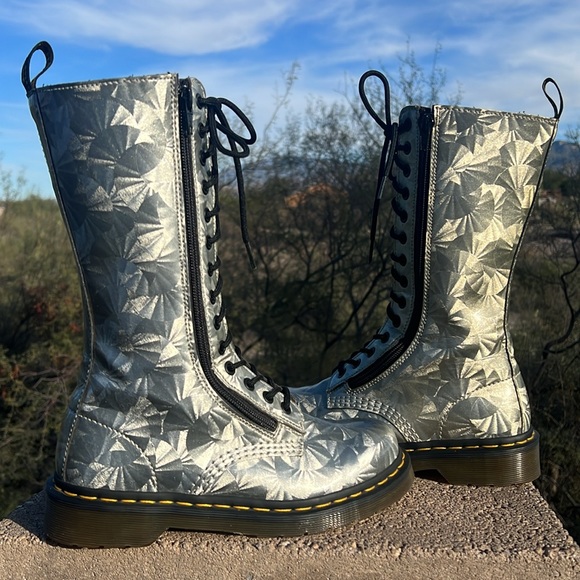 Dr. Martens Holographic Silver Prism Tall 14 Eye Lace Up & Side Zip Boots - Picture 4 of 17